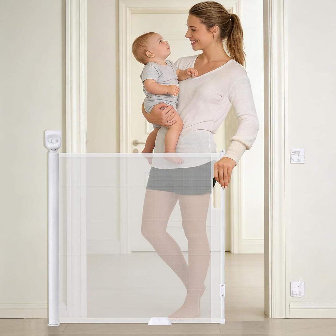 Retractable Baby Safety Gate, 33.8" Tall Extends to 55" Wide, Dual Lock, Adjustable Mounting, Extendable Pet Gate for Hallways, Stairs, Indoor & OutdoorWhite