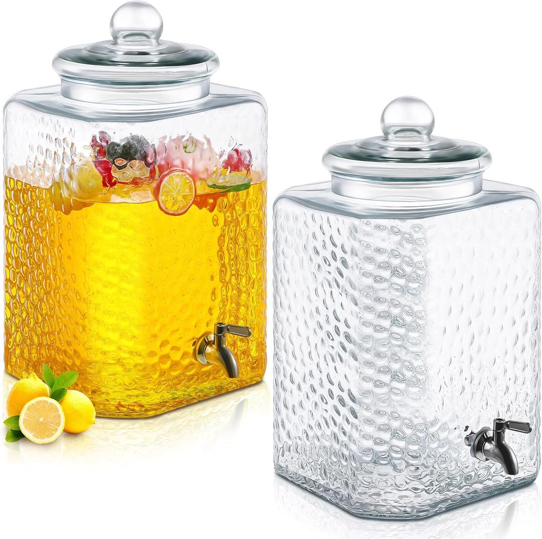 2 Pack 5 Gallon Glass Water Dispenser Hammered Glass Drink Beverage Dispenser Water Jug Container with Stainless Steel Spigot for Parties, Weddings, Lemonade, Iced Tea