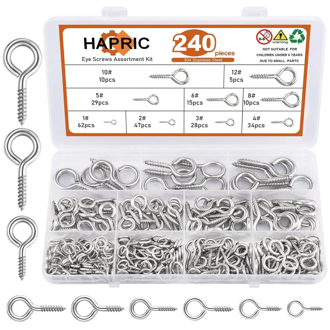 250 Pcs Eye Hook Screws, Christmas Tree Stand Screw 304 Stainless Steel Screw Eyes 0.75"-1.75" 9 Size Eyelet Screw Heavy Duty Self Tapping Screws for Wood Picture Frame