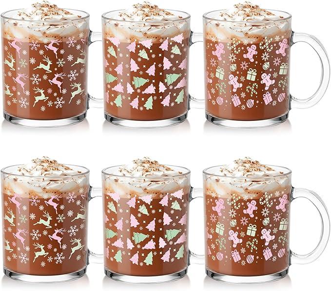 Vesici 6 Set Christmas Glass Mugs Gifts 12Oz Winter Coffee Mugs with Handle Pastel Santa Gingerbread Snowflake Hot Coco Mug Pink Christmas Gift for Women Staff Coworker Appreciation Holiday New Year