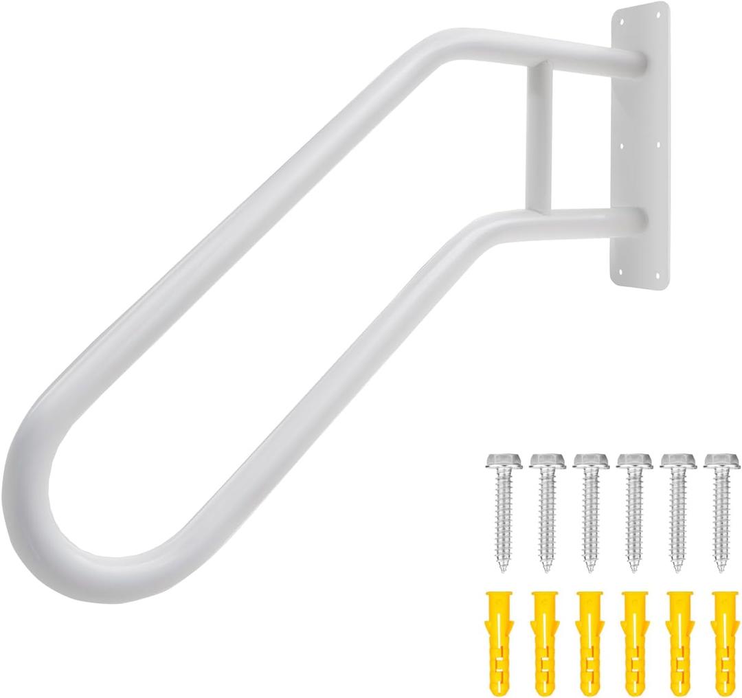 25 Inch Heavy Duty White Metal Stair Railing Outdoor - Garage, Porch, Garden Steps Rails, U-Shaped Powder Coated Hand Rails for Seniors, Indoor Staircase Handrail