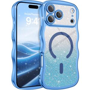 4 x BENTOBEN for iPhone 17 Pro Max Case Clear, [Compatible with MagSafe][Full Camera Protection][Cute Wave Frame][DIY Glitter Cardstock] Electroplated Wavy Shockproof 17ProMax Phone Case 6.9", Sky Blue