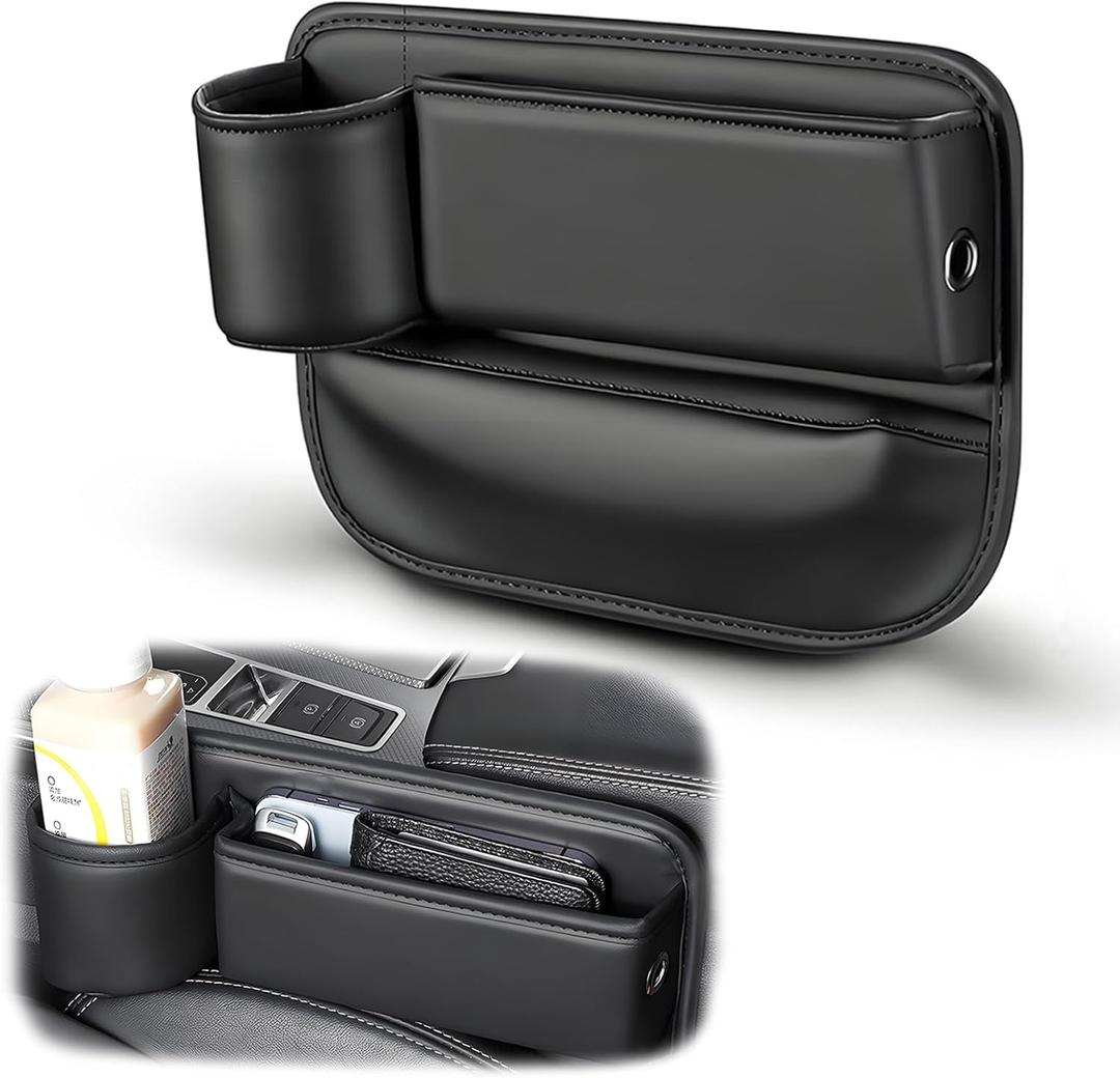FASTAGEI Car Seat Gap Filler Organizer, Universal Premium Leather Seat Organizer with Cup Holder, Seat Gap Storage Box with Bottle Holder, Car Leather Gap Bag Front Center Console Seat (Driver Side)
