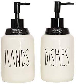 Modern Farmhouse Ceramic Dishes and Hands Soap Dispenser Set for Kitchen | Stainless Steel Pumps | 14oz, White Bottles | Kitchen Dcor for Counter