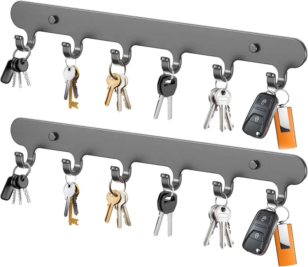 2 Pack Key Holder for Wall,Key Hooks with 6 Hooks, Strong Adhesive Key Rack Holder Wall Mount,No Drilling Required,for Corridor, Living Room,Kitchen, Bathroom, Garage (Grey)
