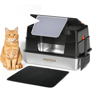 Stainless Steel Litter Box with Lid, Easy Clean, XL Metal Litter Box for Big Cats, Premium 304 Stainless Steel, Leak-Proof Enclosed High Sides, Odor Resistant & Flip-Up Lid with Scoop & Mat (Black)