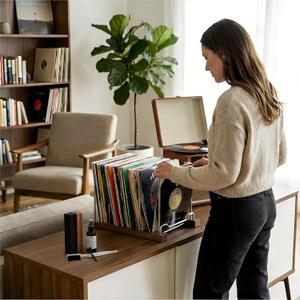Vinyl Record Storage Display Stand, Holds 80 LPs with Record Cleaning Set