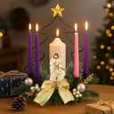 6 Pcs Christmas Advent Wreath Candle Holder Set Nativity Advent Candlestick with 1 Pillar 4 Taper Candle Holy Family Statue Candlestick for Christmas Church Table Centerpiece Decor