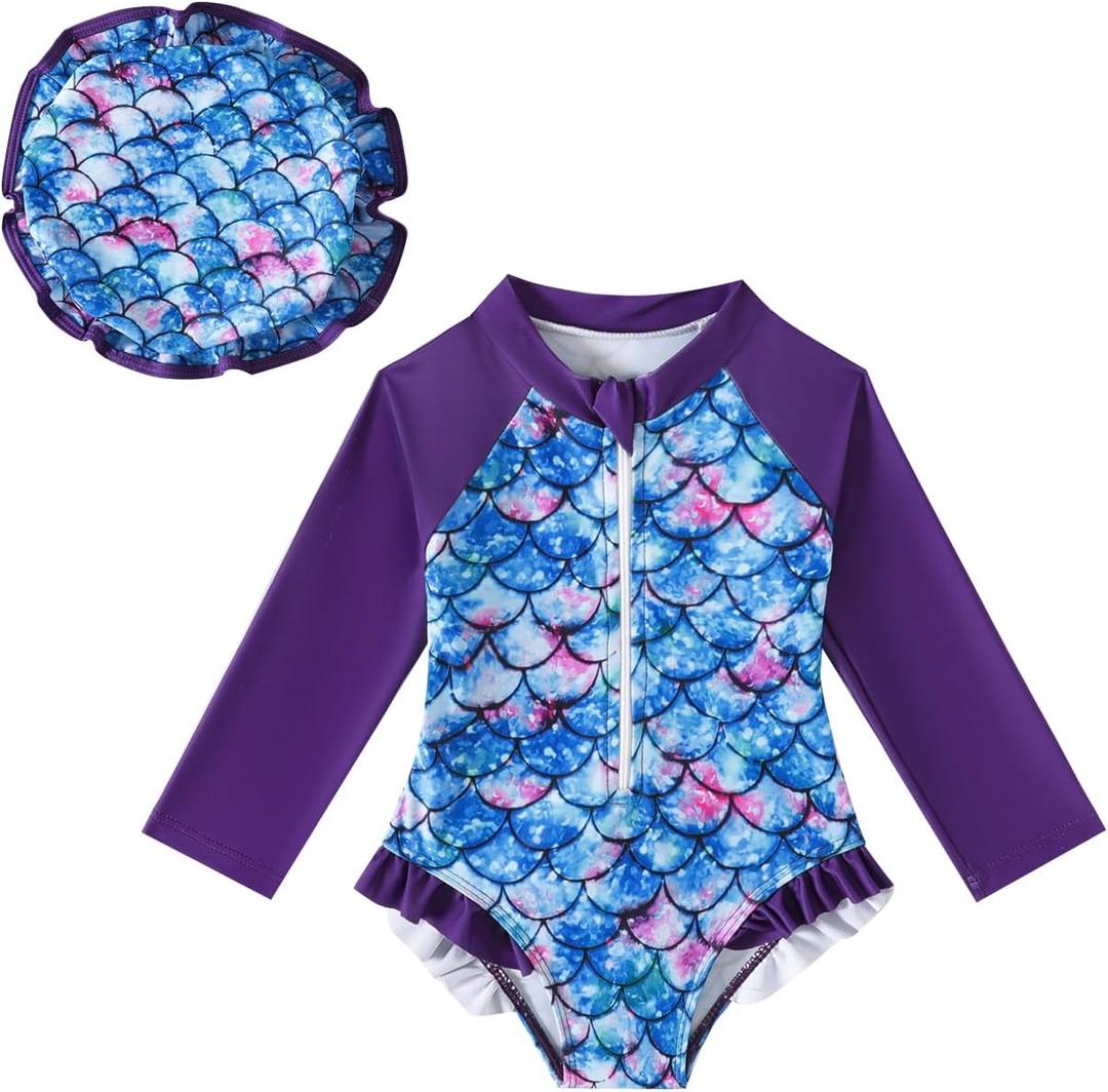 Goodplayer Baby Girl Swimsuit One-Piece Long Sleeve Rash Guard with Hat Set Zipper Bathing Suit (3-6 Months, Scale)