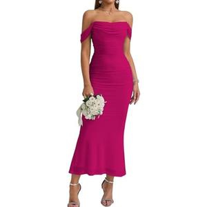 KUTUMAI Off The Shoulder Maxi Long Dress Corset Ruched Bodycon Cocktail Formal Wedding Guest Dresses for Women, Size: Medium