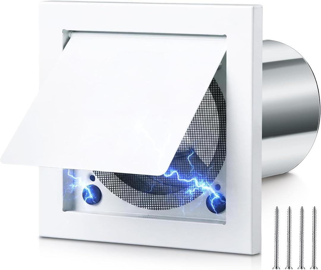 Dryer Vent Cover Outside Magnetic 4 Inch Galvanized Steel Bird Guard with Nylon Insect Screen Damper Built-in Magnet and Removable Extension Tube Exhaust Cover for Home Bathroom(White)