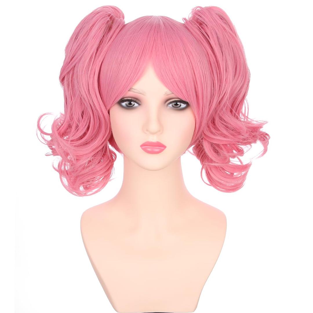 Pink Wig for Kids Girls Short Ponytails Wig Child Pink Wig Include 2 Detachable Buns with Clips Synthetic Cosplay Costume Wig (Pink)