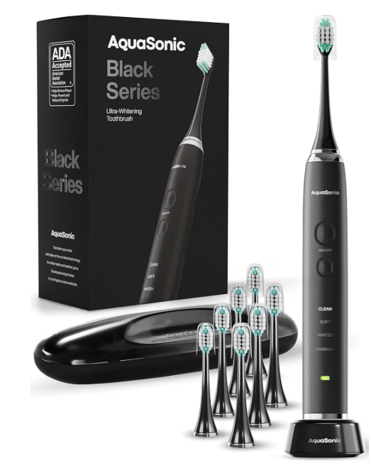 Aquasonic Black Series Ultra Whitening Toothbrush – ADA Accepted Electric Toothbrush 8 Brush Heads & Travel Case – 40,000 VPM Electric Motor & Wireless Charging  4 Modes w Smart Timer