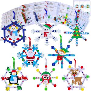 Winlyn 24 Sets Christmas Craft Kits Winter Crafts Popsicle Stick Snowflake Ornaments Decorations Art Sets Craft Stick Snowflake Christmas Stickers for Kids Holiday Classroom Activities Party Favors