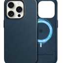 SHIELDON Case for iPhone 15 Pro 6.1", Genuine Leather - Magnetic Wireless Charging - Slim Fit - Non-Slip - Metal Button - Shock-Absorbent Protective Case Compatible with iPhone 15 Pro 2023 - Navy Blue