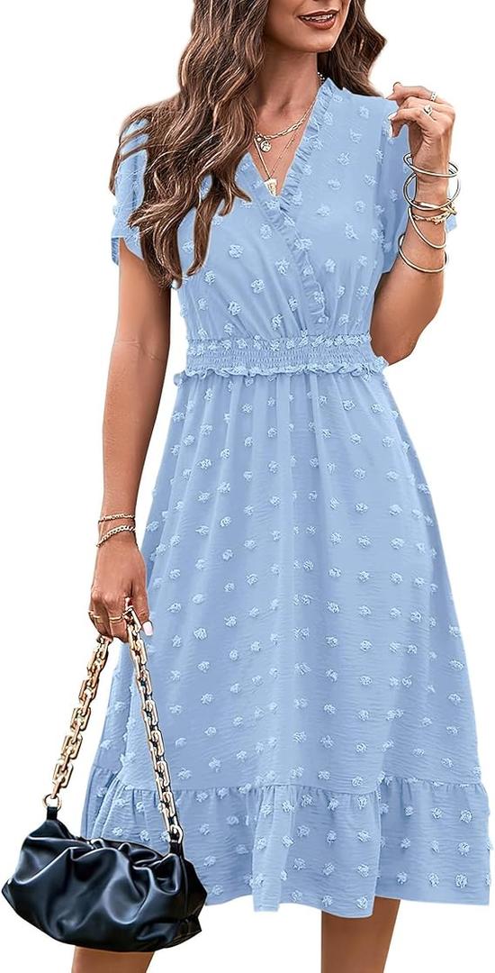 Women Short Sleeve V Neck Swiss Dot Midi Summer Dresses 2024 Boho Ruffle Long Dresses Ruffle Wedding Guest Dress. Size S