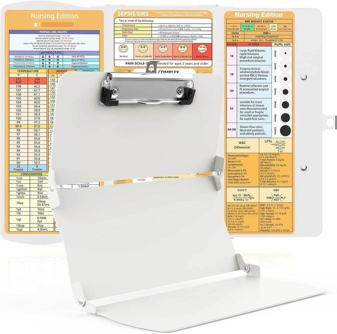 Clipboards Nursing Clipboard Trifold Foldable, 3 Layers Aluminum Nurse Clipboards with Nursing Edition Cheat Sheets Folding Pocket Size for Students, Nurses and Doctors (Light G)