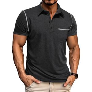 Mens Casual Polo Shirts Classic Short Sleeve Basic Golf Button Shirt with Pocket (Medium, Black)