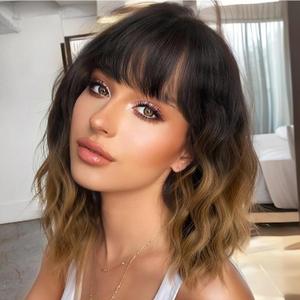 MINLEE Short Wavy Wig with Bangs for Women 14 Inch Ombre Brown Short Bob Wavy Curly Wig Brown Hair Wigs Heat Resistant Synthetic Wigs