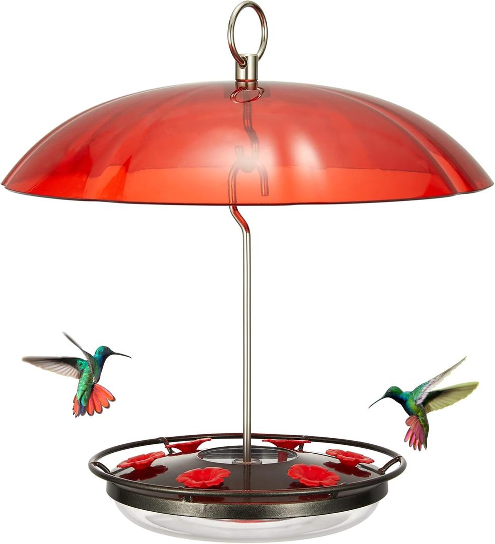 Kingsyard Weatherproof Hummingbird Feeder for Outdoors Hanging - Heavy Duty Metal lid with 6 bee Guard Feeding Ports & Circular Perch, Built-in Ant Moat, Easy to Refill & Clean (12oz/Black)