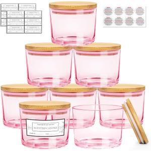 CONNOO 8 Pack 12 OZ Pink Glass Wide Mouth Candle Jars for Making Candles with Airtight Bamboo Lids Nice Sticky Warning Labels for Candle Making Empty Container Bulk - Dishwasher Safe