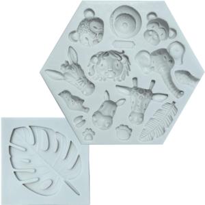 Jungle Safari Animal Cake Mold and Tropical Leaf Fondant Silicone Mold Cupcake Decoration Palm Leaves and Cake Decoration 2 Pcs Tropical Theme Baking Molds for Birthday Baby Shower Party