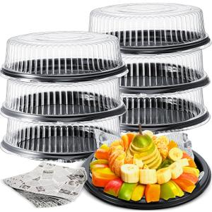 Tessco for you 6Pcs Heavy Duty Serving Tray with Lids, Black Round, 16 Inch