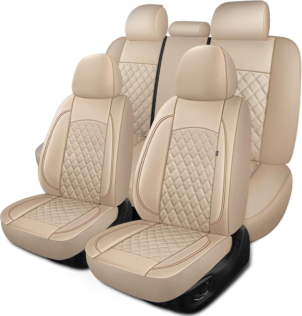 HChengkikz Car Seat Covers Full Set, Breathable and Waterproof Napa Leather Car Seat Cover, Interior Universal Fit for Cars, Sedans, SUVs, Vans, Trucks (Full Seat, Beige)