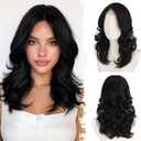 BARSDAR Short Wavy Layered Black Wig - Shoulder Length Wavy Black Wigs for Women - Short Loose Wave Textured Layered Bob Wig with Face-Framing Curtain Bangs Soft Synthetic Natural Looking Daily Party (16 Inch)