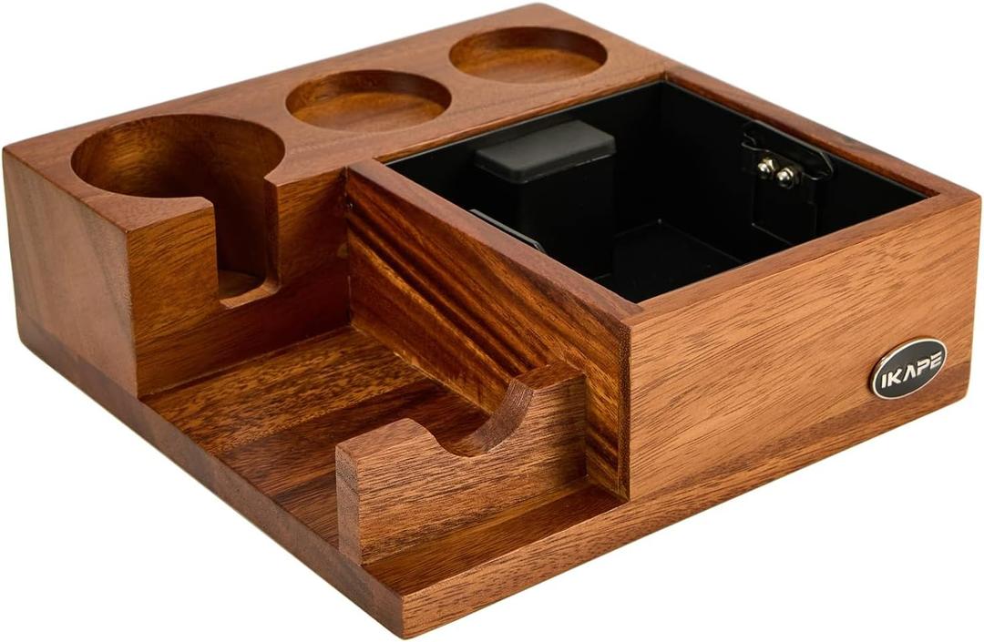 IKAPE V3 Espresso Knock Box, Espresso Coffee Organizer Box Fit for Storage 51 to 58MM Espresso Tamper and Distributor, Pure Natural Walnut Base with Special Portafilter Basket Station(4 In 1)