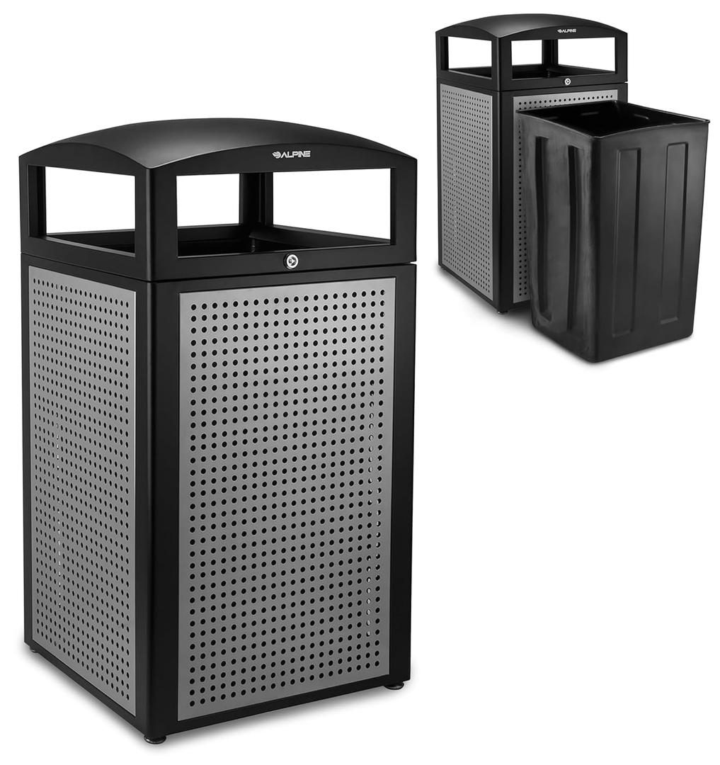 Alpine Outdoor Commercial Trash Can with Lid - 40 Gallon Heavy Duty Metal Garbage Can with Removable Bin, Locking Lid for a Modern Look in Parks, Malls, Parkings & High Traffic Areas (Black & Grey)