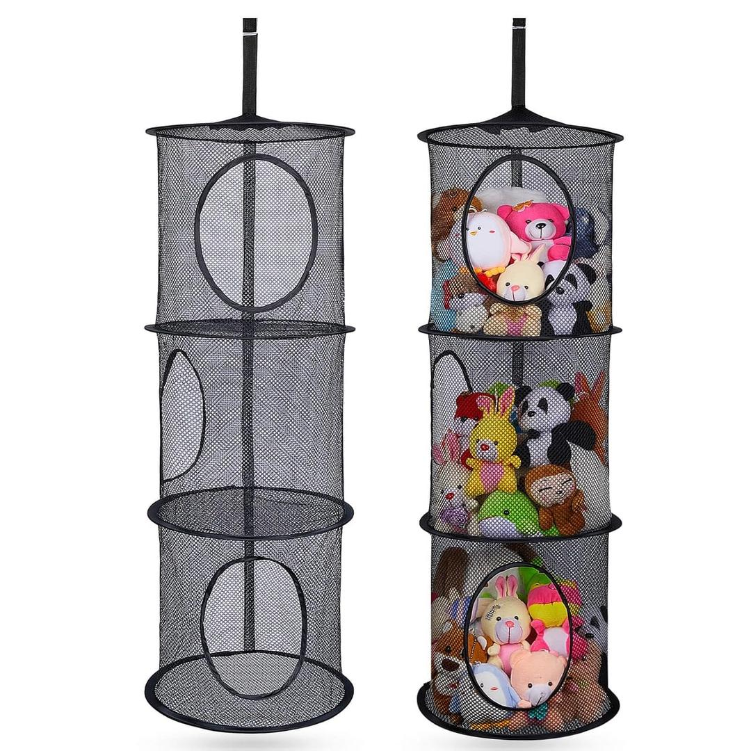 Basumee Stuffed Animals Net or Hammock 2 Pcs Stuffed Animals Storage Toy Net Hammock for Plushies Storage Organizer Mesh Kids Girls Room Decor, Black, 3 Tiers