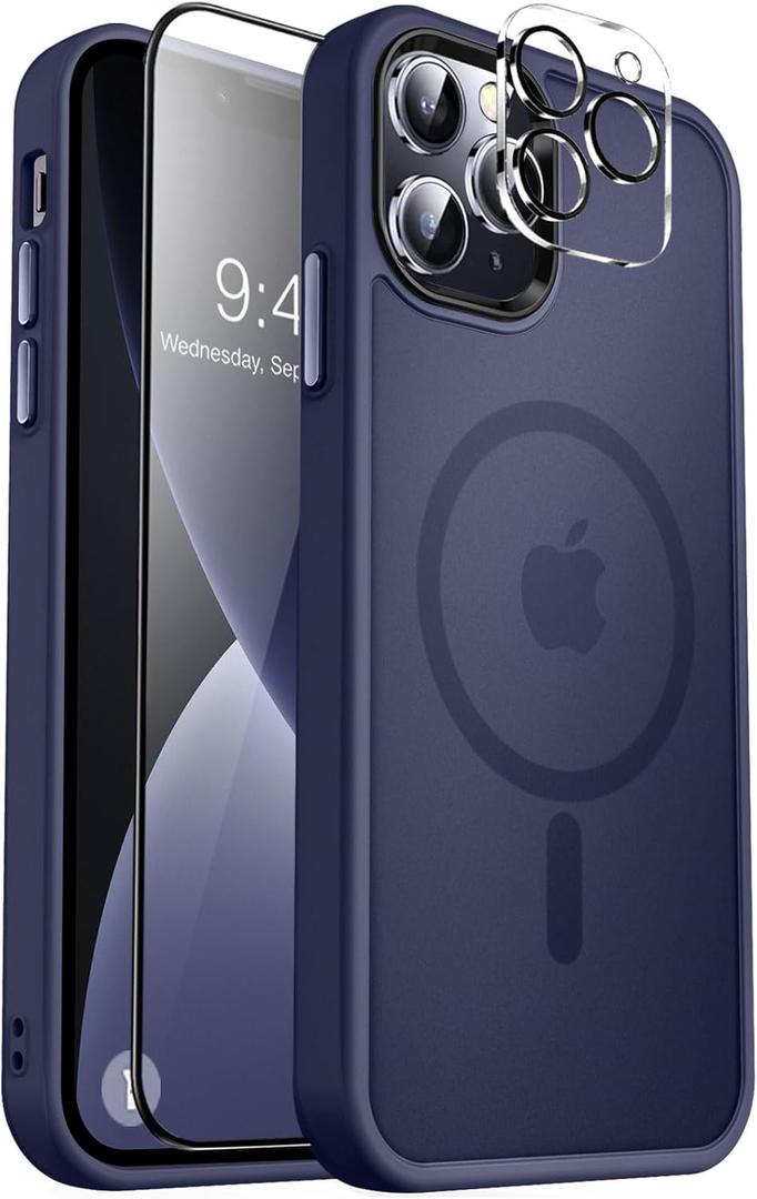 MOCCA Strong Magnetic for iPhone 13 Pro Max Case,[Compatible with Magsafe][Glass Screen Protector+Camera Lens Protector] Slim Thin Shockproof Cover Phone Case for iPhone 13 Pro Max 6.7", Deep Blue