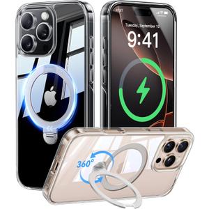 CASEKOO 360 Spin Max Magnetic Titanium Stand for iPhone 16 Pro Case [Fit with Magsafe][16FT Military Protection] [No-Yellow Crystal Clear] Slim 16 Pro Case with Stand 6.3'', Clear