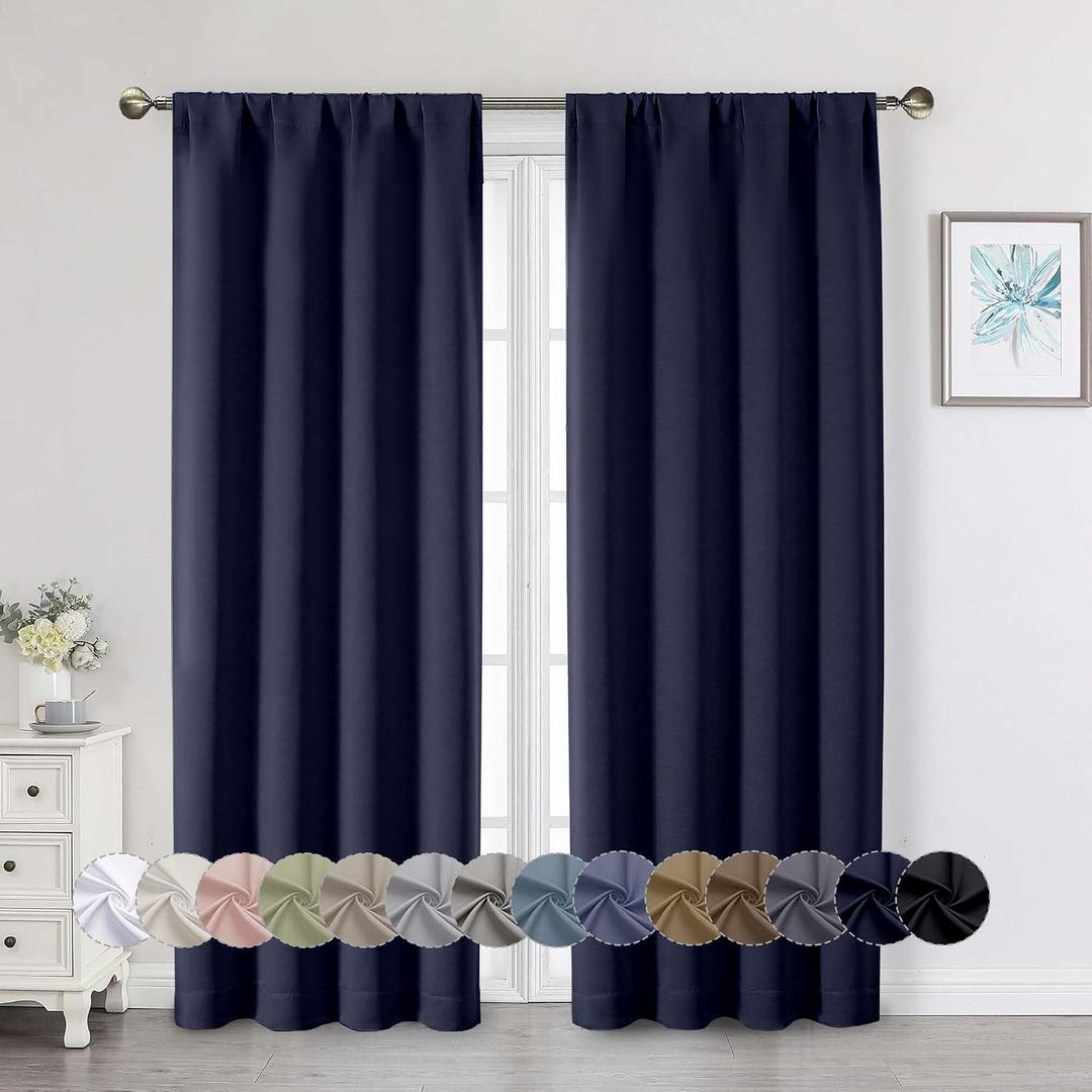 Navy Blue Blackout Curtains for Bedroom Living Room 72 Inches Long 2 Panels Set, Soft Solid Thermal Room Darkening French Door Curtain, Modern Rod Pocket Design, Navy Blue, 40" Wx72 L