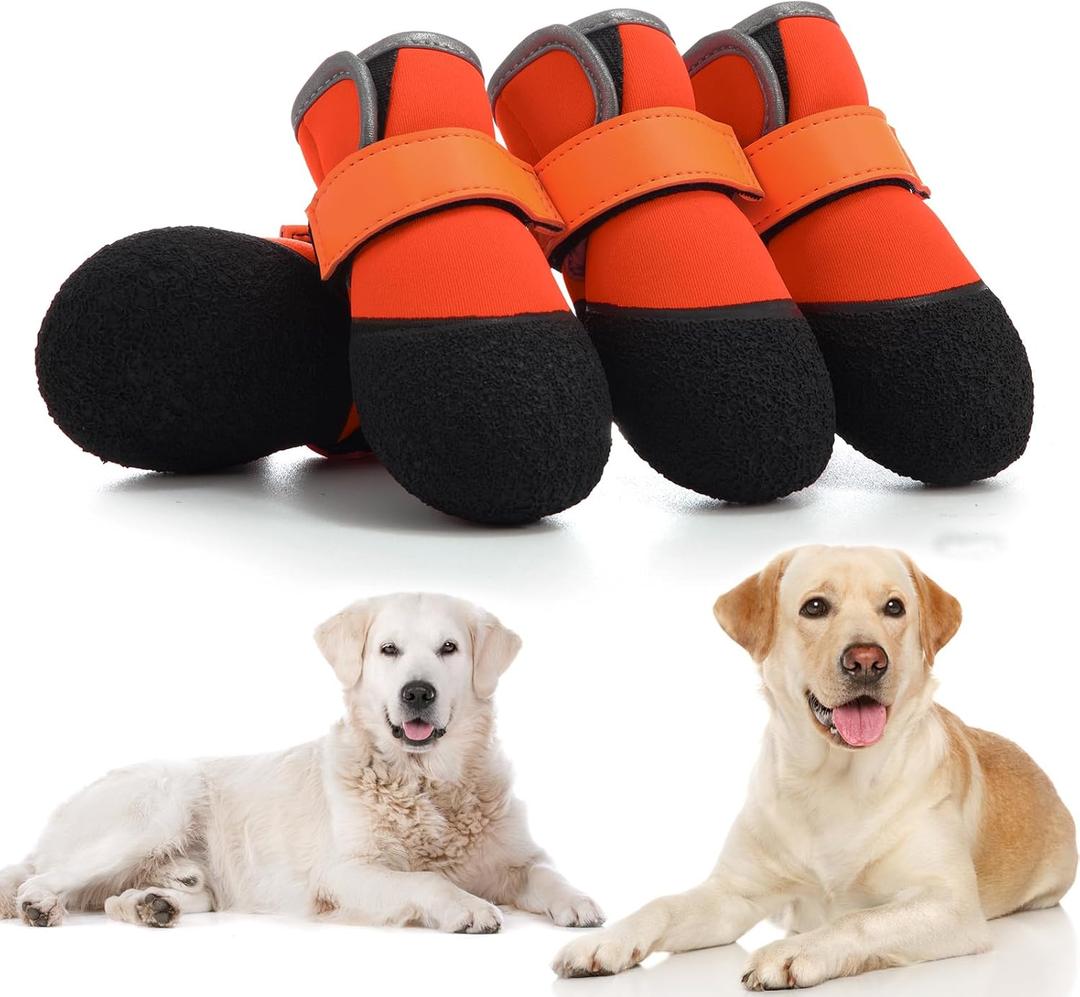 Dog Shoes, Outdoor Dog Boots Non-Slip Waterproof Dog Booties for Medium to Large Dogs 4Pcs for Winter Snowy Day, Summer Hot Pavement with Rugged Sole Orange (Size 7:3.1''x2.7'')(L*W) for 66-90 lbs)