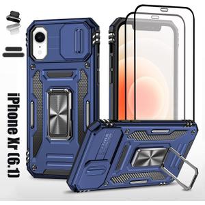 Heavy Duty Case for Apple iPhone Xr/10R, Military Grade Dual Layer Hybrid Cushioning Rubber Bumper Protector with Slide Camera Protector, Built-in 360 Degree Swivel Stand -Blue