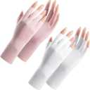 Women Fingerless Gloves Summer UV Protection Gloves Cool Ice Silky Sun Block Driving Unisex (One Size, Pink+white)