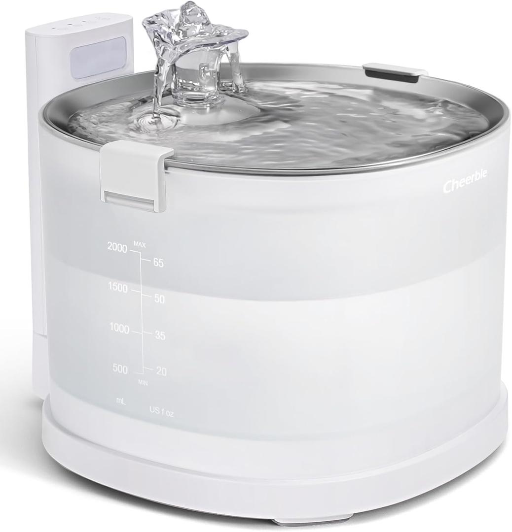Cheerble Pumpless Cat Water Elfin Fountain, Wireless Pet Fountain Battery Operated, 2L/67oz E1+ Automatic Water Dispenser Cats & Dogs MagDrive Technology Stainless Steel Tray, No Cleaning Hassle (Cordless, White)