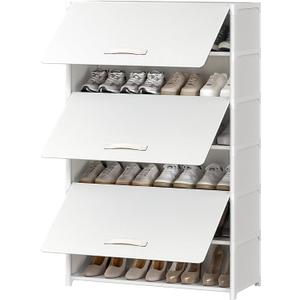 Shoe Rack, 7 Tier Shoe Storage Cabinet with Door 28 Pair Plastic Shoe Shelves Organizer for Closet, Entryway, Hallway, Bedroom, White