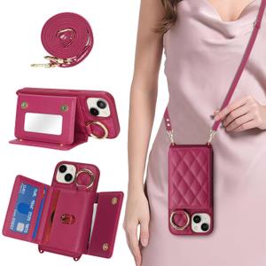 for iPhone 14 Case with Card Holder and Strap for Women,Crossbody Lanyard, Make Up Mirror,Ring Stand,Snap Clasp,Cute Phone Wallet Cases 6.1 inch - Rose red