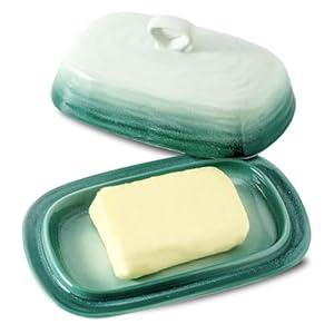 Tikooere Butter Dish, Ceramic Butter Dish with Lid for Countertop, Farmhouse Butter Container with Handle for East West Coast Butter, Butter Tray Holder for Home Kitchen Decor Gift, White & Green