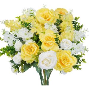 HUAESIN Artificial Flowers Silk Rose Peony Bouquets Yellow White Faux Flowers Summer Floral Arrangements for Indoor Vase Home Table Centerpieces Wedding Outdoor Cemetry Flowers