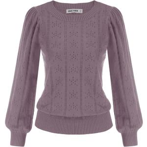 GRACE KARIN Women's Long Lantern Sleeve Crew Neck Crochet Top Hollow Out Fall Pullover Sweater (Medium)