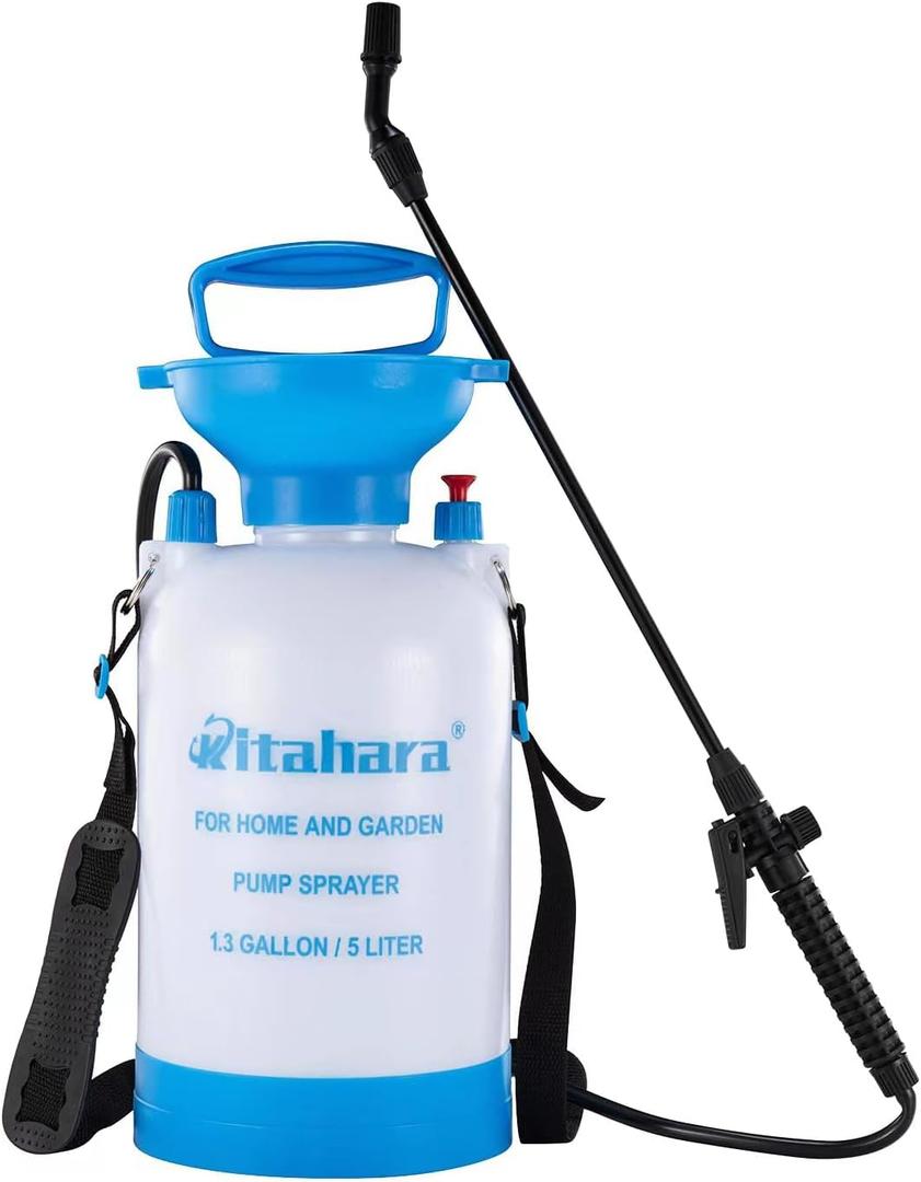 Kitahara 1.3 Gallon Garden Pump Pressure Sprayer with Pressure Relief Valve, Adjustable Shoulder Strap and Nozzles, for Yard Lawn Weeds Plant Water