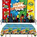 Superhero Party Backdrop 5.9x3.6ft and Super Hero Birthday Plastic Tablecloth 71x42.5 Inches Kids Boy Hero City Birthday Party Table Cover Cloth Banner Background Decoration Supplie