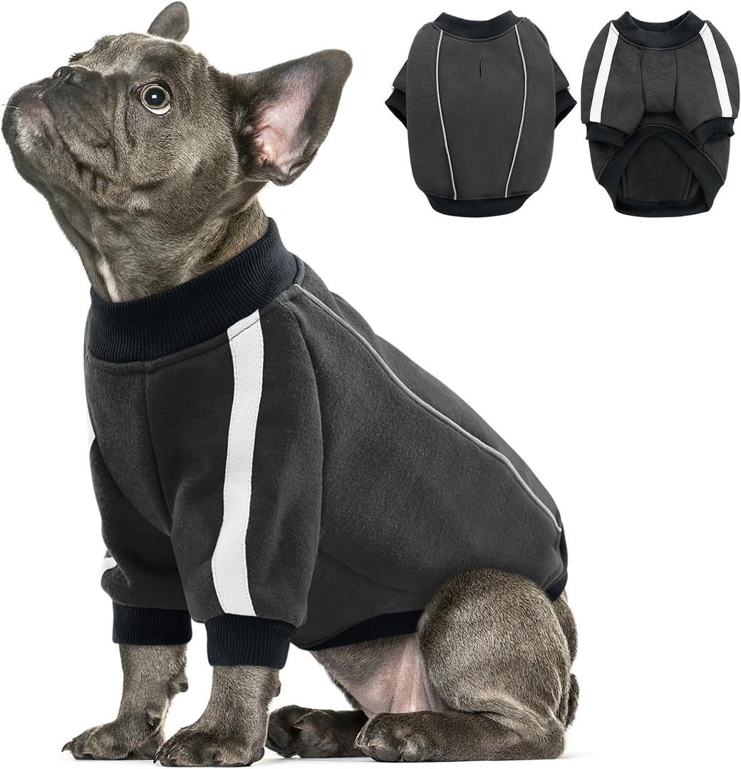 Queenmore Fleece Dog Sweater for Male Dogs, Soft Pullover Dog Sweatshirt with Leash Hole/Reflective Stripes Cozy Winter Fleece Jacket for Small Medium Large Boy Puppy, Grey L
