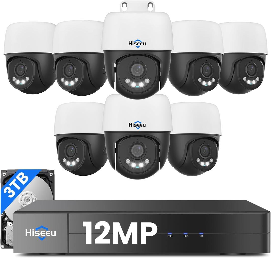 Hiseeu 12MP PoE PTZ Security Camera System, 8 Pcs Wired Cameras
Auto Human Tracking, 360°View, 2 Way Audio, 0 Monthly Fee, 3TB HDD, 8 Port 16Ch PoE NVR