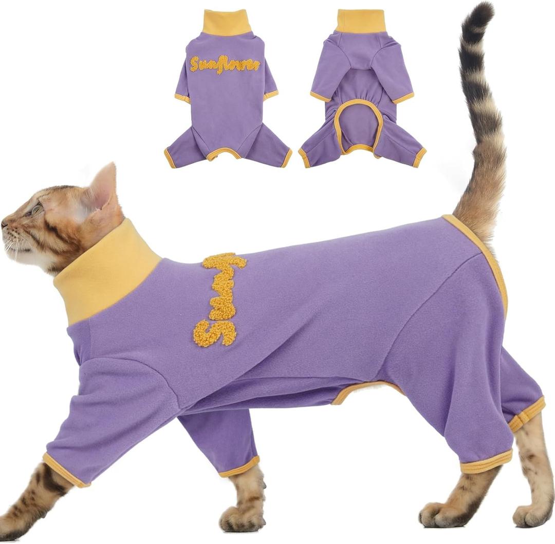 2XL Cat Onesies for Large Breeds - Purple,Sticky Hair Pajamas with Long Sleeves,Anti-Shedding & Anti-Licking Cat Clothes,Outing Wear Protecting The Skin,Indoor Sleeping Daily Wear, Size: XX-Large (Back Length:15.8")
