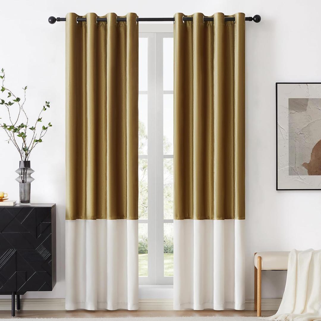 BULBUL Color Block Window Curtains Panels 108 inches Long Gold Ivory Velvet Farmhouse Drapes for Bedroom Living Room Darkening Treatment with Grommet Set of 2